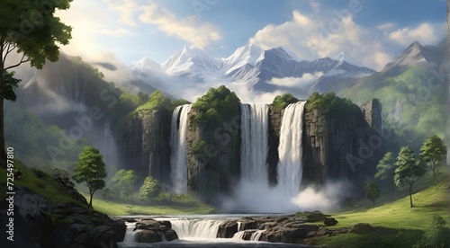 landscape with lake and mountains  waterfall  morning  jungle