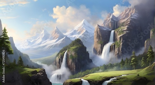 Wallpaper Mural landscape with lake and mountains, waterfall, morning, jungle Torontodigital.ca