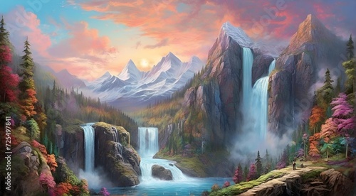 Wallpaper Mural landscape with lake and mountains, waterfall, morning, jungle Torontodigital.ca