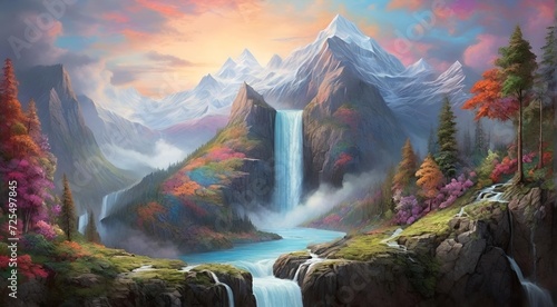 Wallpaper Mural landscape with lake and mountains, waterfall, morning, jungle Torontodigital.ca