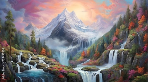 Wallpaper Mural landscape with lake and mountains, waterfall, morning, jungle Torontodigital.ca