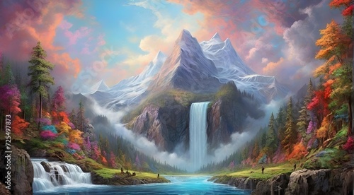 Wallpaper Mural landscape with lake and mountains, waterfall, morning, jungle Torontodigital.ca