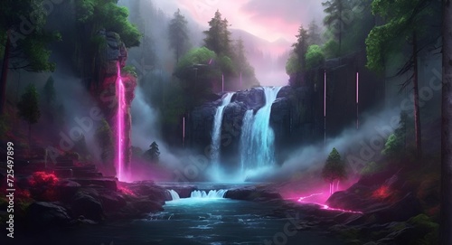 Wallpaper Mural landscape with lake and mountains, waterfall, morning, jungle Torontodigital.ca