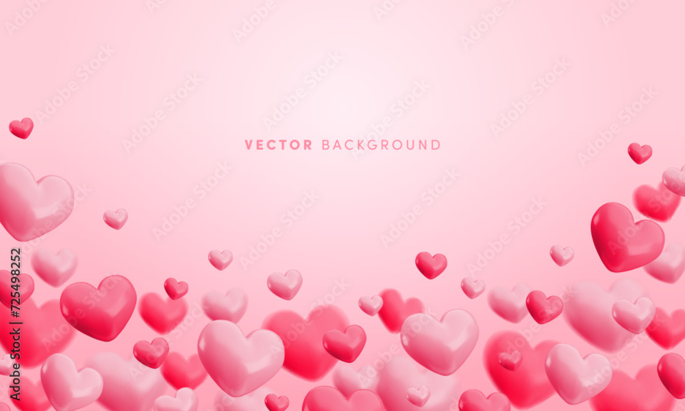 Vector cute flying pink hearts background. Glossy realistic 3d render heart balloons on soft gradient pink background with copy space. Valentines day wallpaper, cartoon 3d design for greeting, web Vector cute flying pink hearts background. Glossy realistic 3d render heart balloons on soft gradient pink background with copy space. Valentines day wallpaper, cartoon 3d design for greeting, web