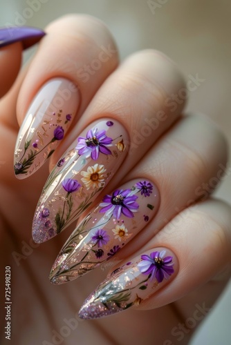 Transparent manicure with a purple floral print on a light background.