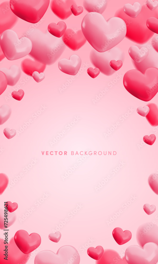 Vector vertical banner template with flying heart balloons. Realistic 3d render hearts on gradient pink background with copy space. Cartoon 3d design for Valentines day, anniversary, Mothers day, web