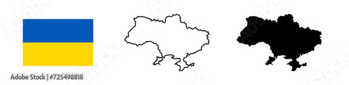 Ukraine flag and map silhouette linear and black illustration. Vector