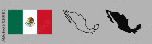 Mexico flag and map silhouette linear and black illustration. Vector