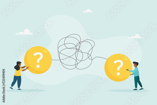 Problems in communication concept, misunderstandings create confusion in work, unclear messages and information are conveyed incorrectly, businessman and woman have problems understanding each other. 