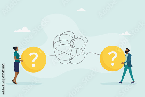 Problems in communication concept, misunderstandings create confusion in work, unclear messages and information are conveyed incorrectly, businessman and woman have problems understanding each other. 