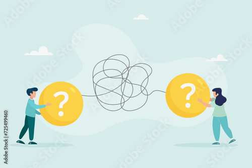 Problems in communication concept, misunderstandings create confusion in work, unclear messages and information are conveyed incorrectly, businessman and woman have problems understanding each other. 