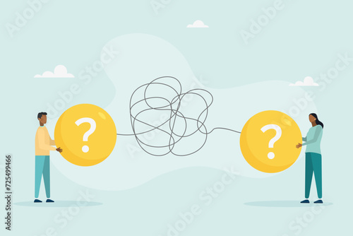 Problems in communication concept, misunderstandings create confusion in work, unclear messages and information are conveyed incorrectly, businessman and woman have problems understanding each other. 
