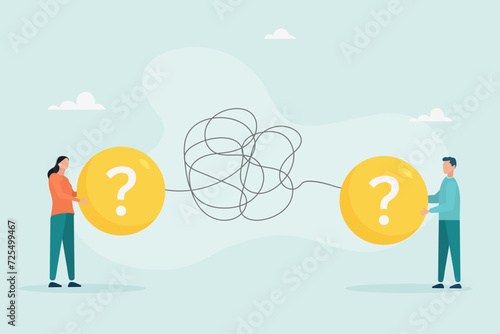 Problems in communication concept, misunderstandings create confusion in work, unclear messages and information are conveyed incorrectly, businessman and woman have problems understanding each other. 