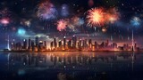 Fireworks over the city. Panoramic view of the night city.