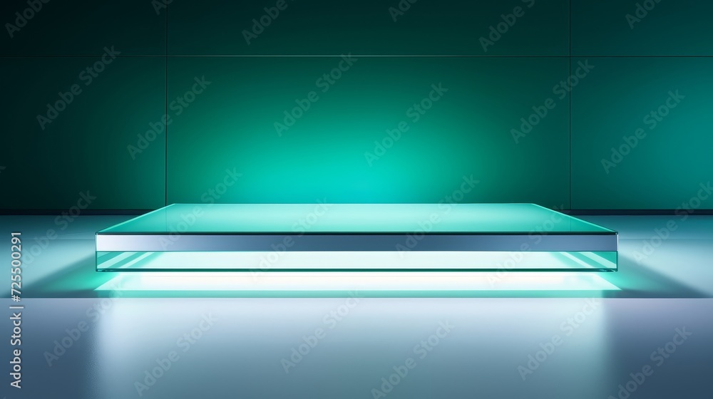 Soft-lit floating chrome platform for minimalist settings Soft-lit floating chrome platform for minimalist settings