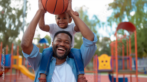 African American father and son playing basketball, joy in a suburban setting.
 photo