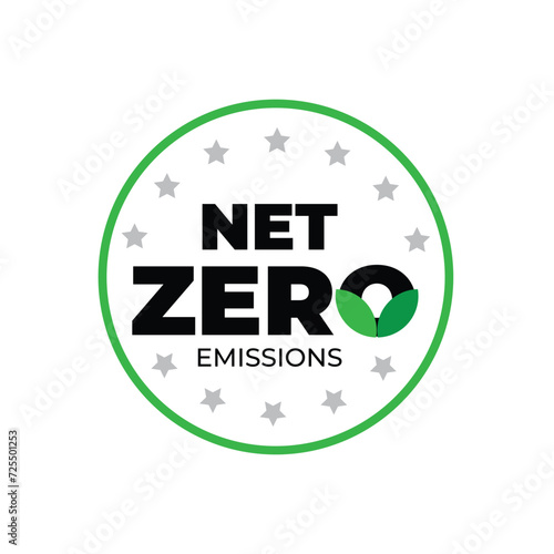 Net-Zero sticker Emissions, net zero carbon footprint, no atmosphere pollution, CO2 neutral, eco-friendly, template Round Sticker, Badge, Logo, Icon, stamp, symbol, latest isolated vector design.