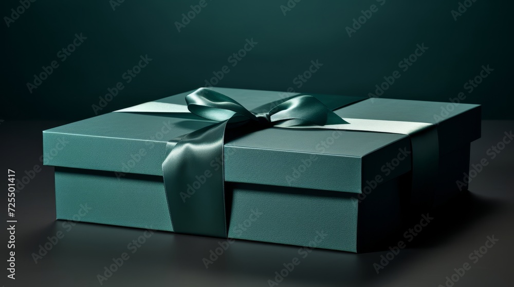 Elegantly unboxed black gift box in minimalist teal setting Elegantly unboxed black gift box in minimalist teal setting