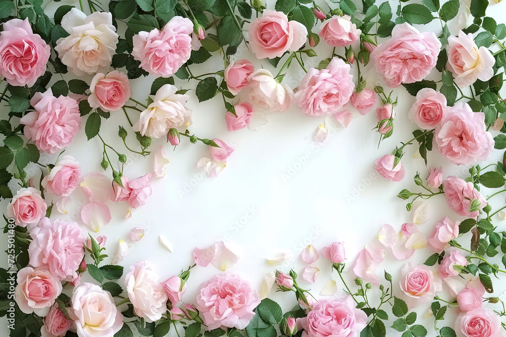 pink roses flowers and petals isolated on white background. copy space