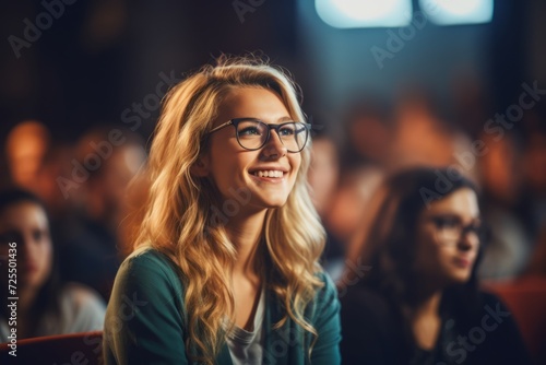  happiness of a female student in a lecture hall, glancing away with a cheerful expression, conveying a positive and engaged attitude toward education