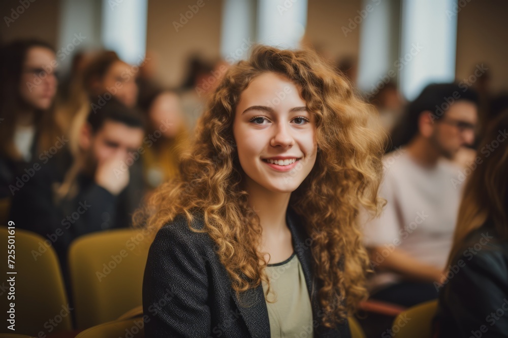 happiness of a female student in a lecture hall, glancing away with a cheerful expression, conveying a positive and engaged attitude toward education happiness of a female student in a lecture hall, glancing away with a cheerful expression, conveying a positive and engaged attitude toward education