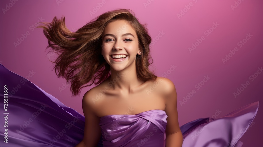 Obraz premium Happy teenage girl in radiant attire on pink background