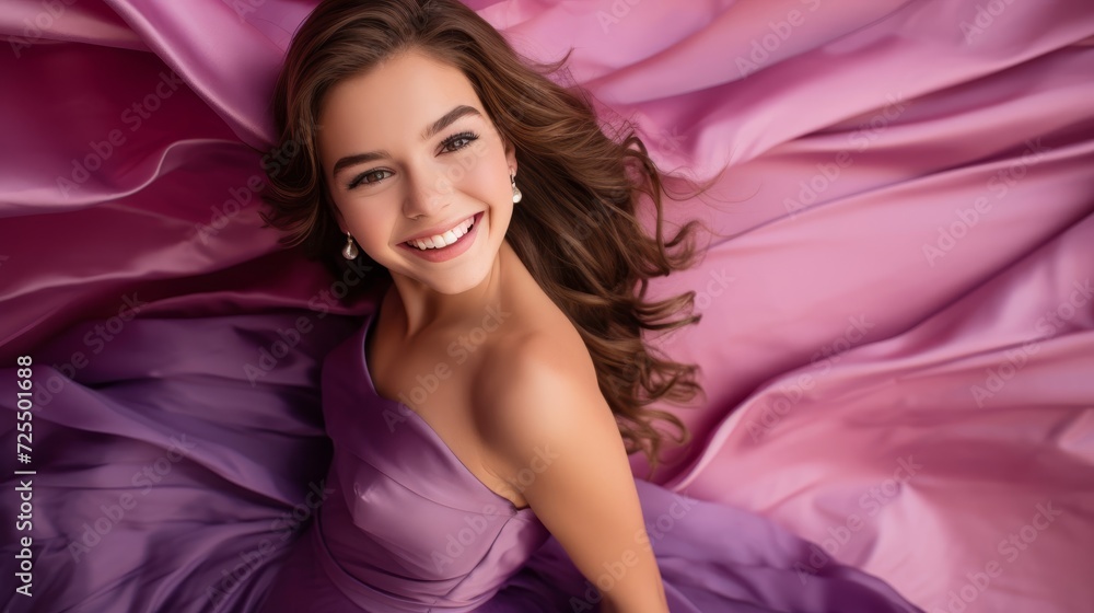 Joyful expression in purple dress with pink backdrop for copy Joyful expression in purple dress with pink backdrop for copy