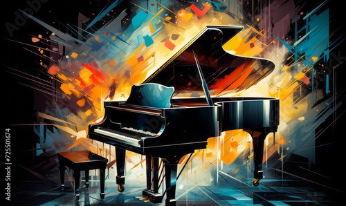 Abstract Artistic Explosion of a Grand Piano with Dynamic Color Strokes and Geometric Shapes, Representing Musical Creativity