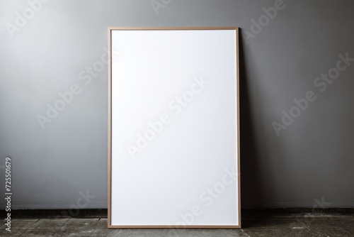 Mockup of an empty poster frame on the floor against grey wall. Minimalist Frame mockup