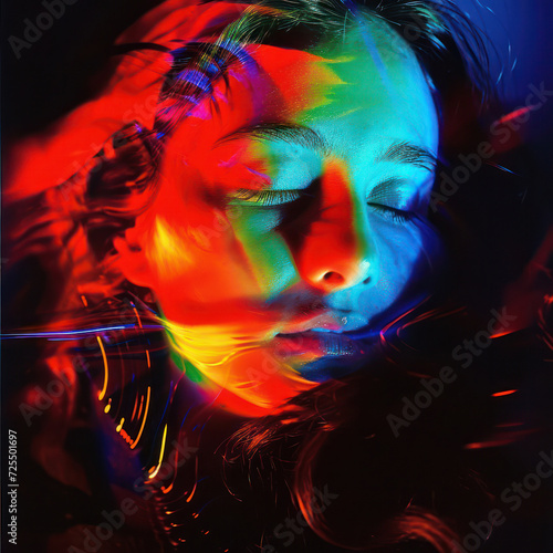 Neon Beauty: A Young Attractive Female Model with Blue Hair in a Colorful Abstract Portrait
