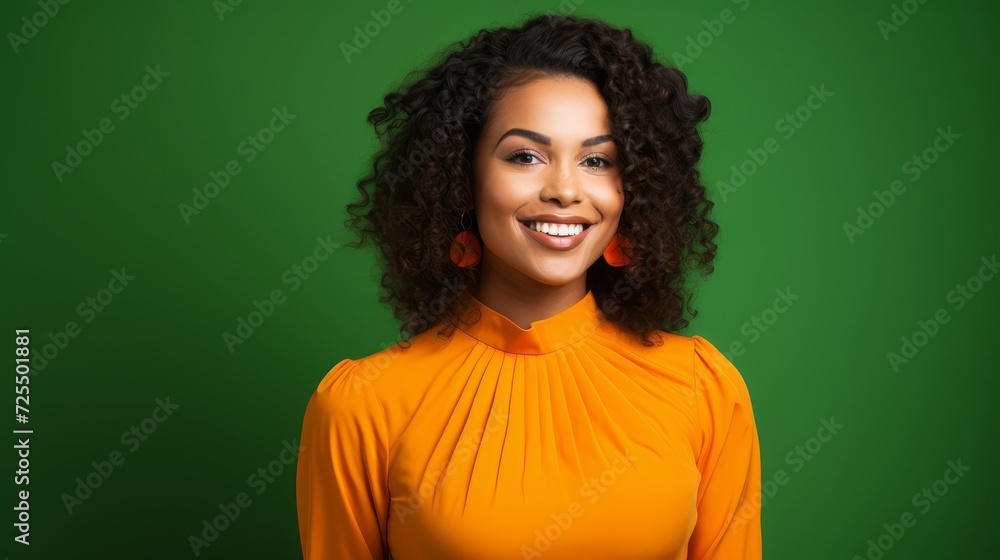 Vibrant green dress on smiling woman with orange background Vibrant green dress on smiling woman with orange background