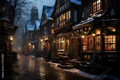 Snowy street in the old town of Strasbourg, France.