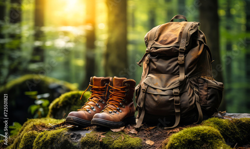 Adventure in the wilderness: a rugged pair of hiking boots alongside a durable backpack resting on a moss-covered rock in a lush forest