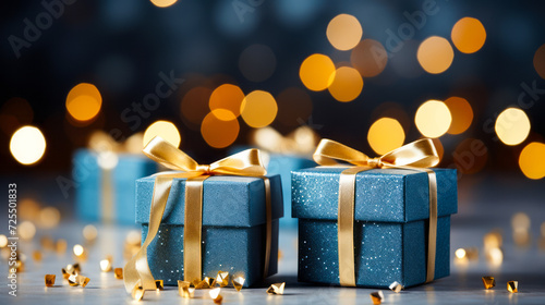 Elegant Blue Christmas Gift Boxes with Golden Ribbons on a Sparkling Defocused Holiday Background