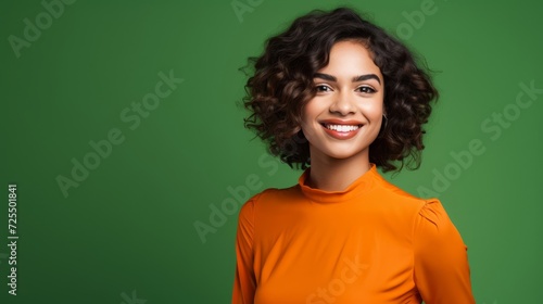 Smiling woman in green dress on orange for copy space