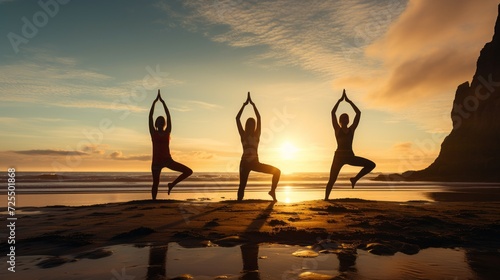 Silhouettes of three female standing in yoga pose on beach at sunrise. Group of people practicing healthy lifestyle.