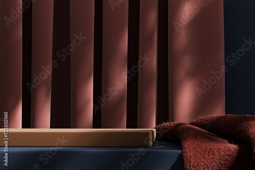Minimal pedestal with red fabric and curtain on dark blue base. abstract background for product presentation. 3D illustration