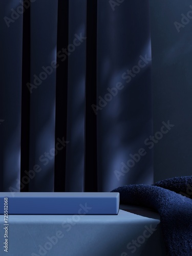 Minimal pedestal with dark blue fabric and curtain on blue base. abstract background for product presentation. 3D illustration