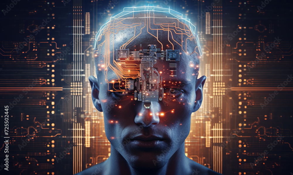 outline of a human skull and brain in frontal view with built-in luminous chips, mind control and management concept outline of a human skull and brain in frontal view with built-in luminous chips, mind control and management concept
