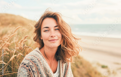 Portrait in the beach of a pleased 30 years old woman. Lifestyle portrait photography of a satisfied woman in her 30s against a beach background.  photo