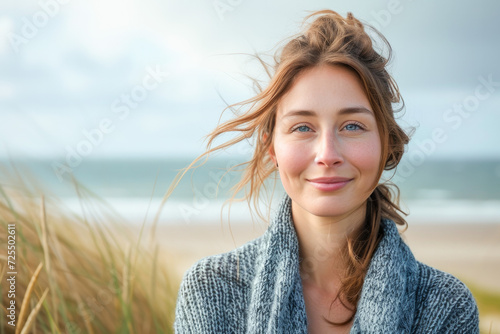 Portrait in the beach of a pleased 30 years old woman. Lifestyle portrait photography of a satisfied woman in her 30s against a beach background. 