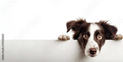 A curious dog peeks behind a white banner on a white background. Layout of an advertising poster for a pet store or veterinary clinic.