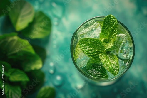 a drink in a glass with mint and ice on a table with mint