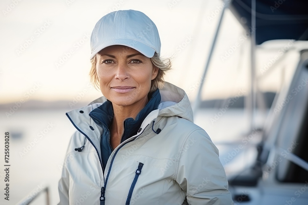 Portrait of a beautiful mature woman standing on the deck of a yacht Portrait of a beautiful mature woman standing on the deck of a yacht