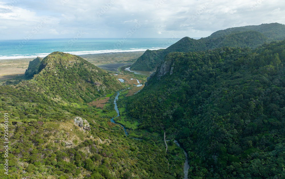 Aerial: Forest and river in Pararaha Valley, Waitakere Ranges, KareKare, Auckland, New Zealand.