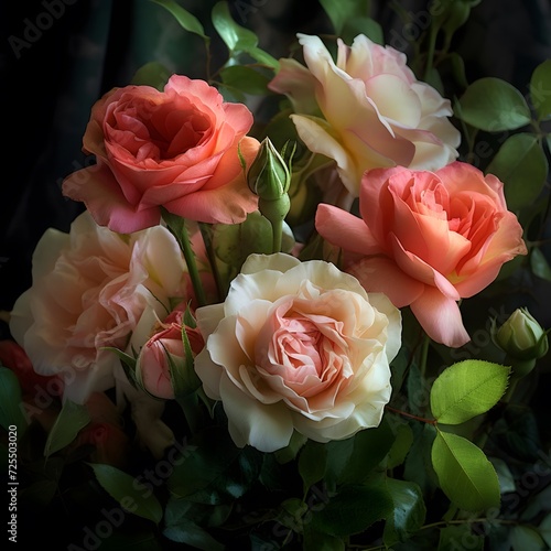 Beautiful bouquet of pink and orange roses on a dark background