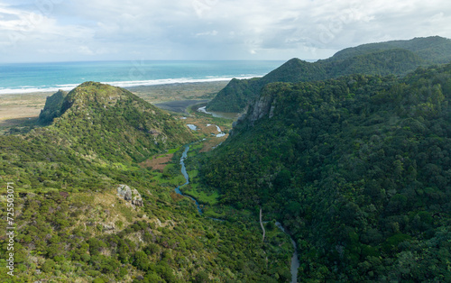 Aerial: Forest and river in Pararaha Valley, Waitakere Ranges, KareKare, Auckland, New Zealand. © Zenstratus