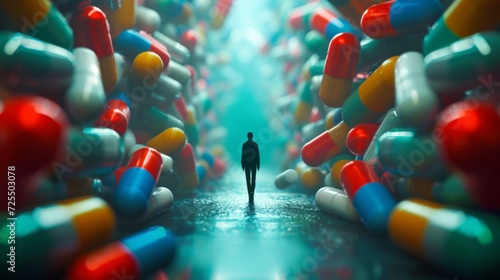 Silhouette of a man against the background of tablets and capsules. Big Pharma illustration. Pharmaceutical industry photo