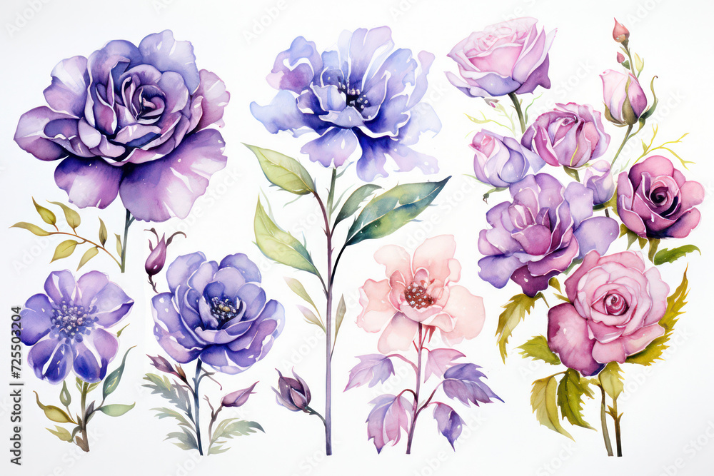Blooming Botanical Bliss: A Colorful Watercolor Floral Illustration of Garden Roses and Green Leaves, Vintage and Elegant in Style, Perfect for Wedding Invitations and Greeting Cards