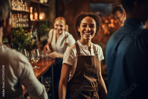 A happy waitress engages with a group of friends, serving drinks in a pub, radiating positive energy and contributing to the enjoyment of the gathering